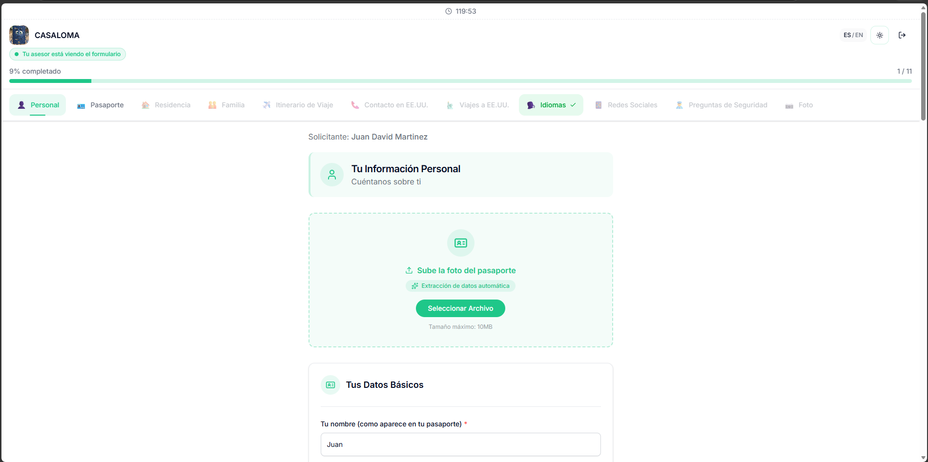 Formulario DS-160 como lo ve el cliente, con la marca de la agencia, el avance y el selector ES o EN