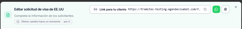 Barra Link para tu cliente dentro de ISAVISA con el botón de copiar y el botón de WhatsApp