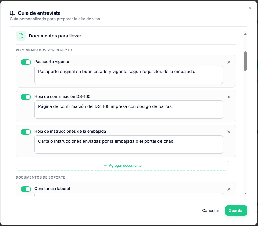 Panel Documentos para llevar en ISAVISA con los documentos recomendados por defecto y sus switches