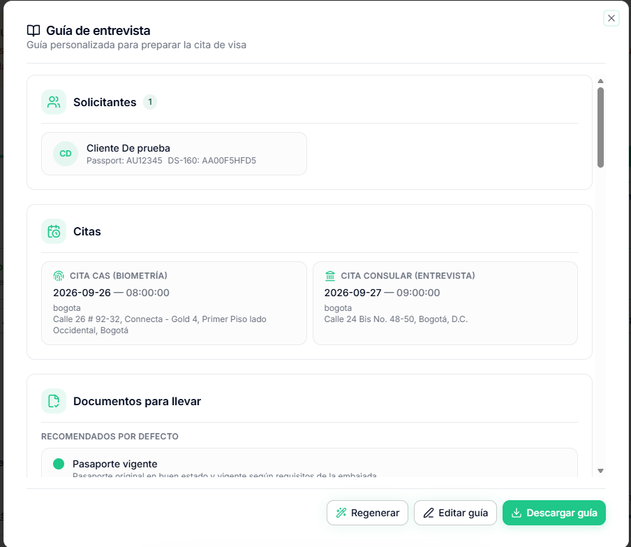 Vista de la guía en ISAVISA con solicitantes, citas CAS y consular, documentos y las acciones regenerar, editar y descargar